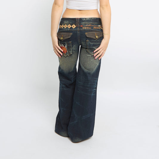 Wide Leg Embroidery Detail dark wash Jeans - UK 12