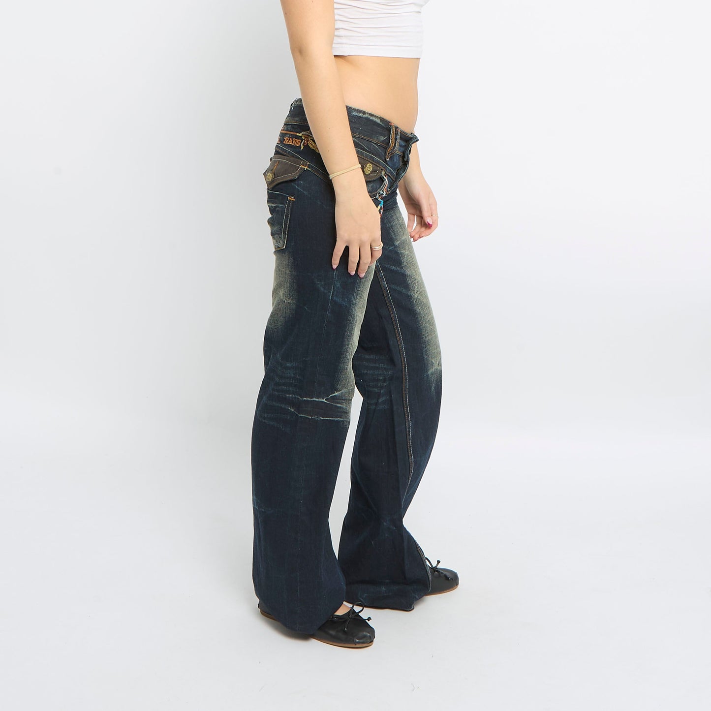 Wide Leg Embroidery Detail dark wash Jeans - UK 12