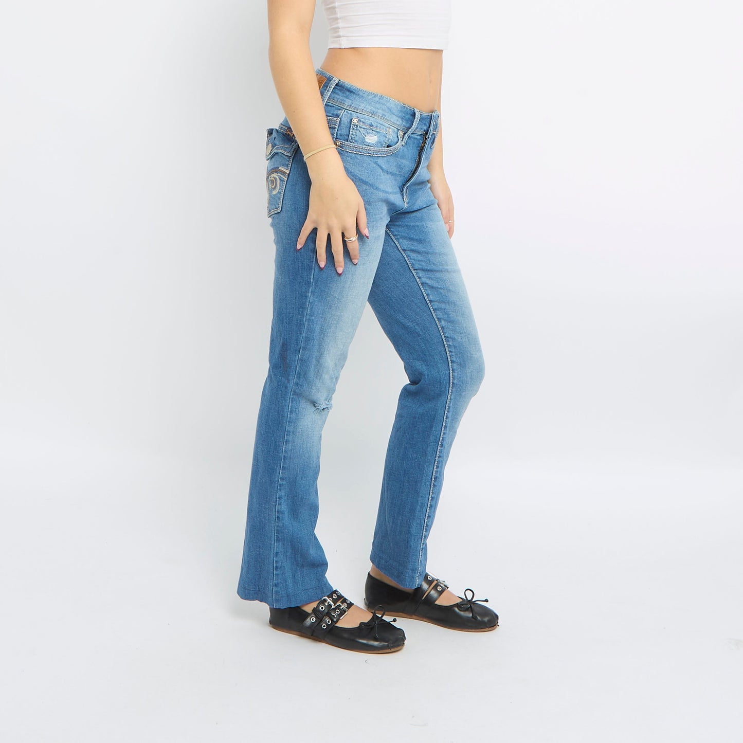 Ripped Knee Embroidered Pocket Jeans - UK 12