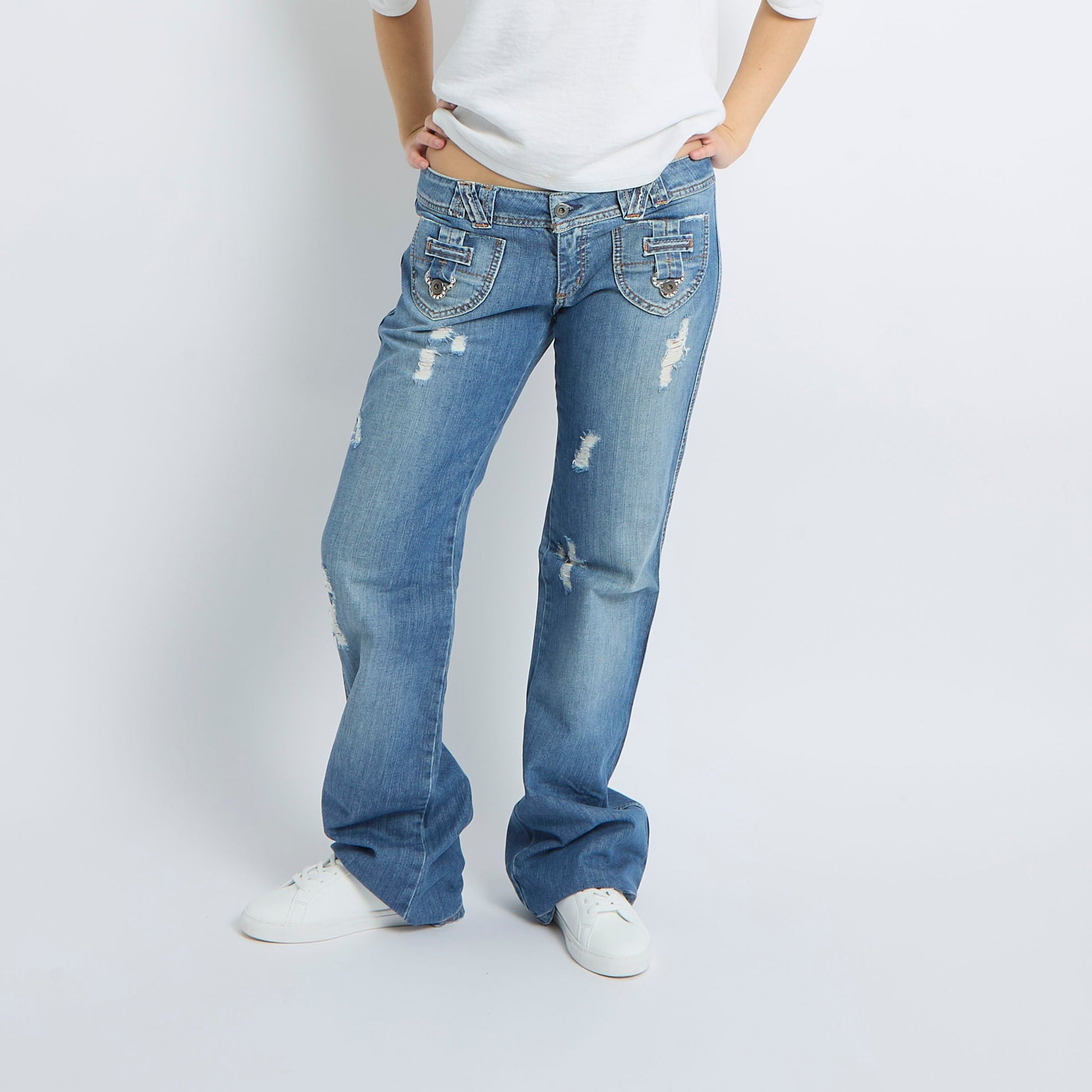 Buckle Detail Distressed Straight Leg Jeans - UK 12