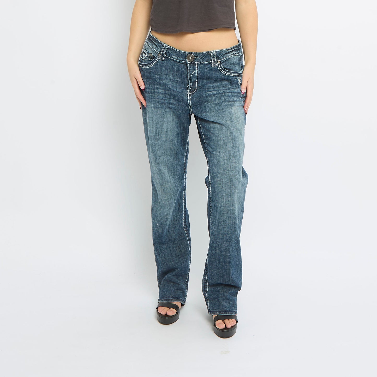 Contrast Stitch Straight Leg Jeans - UK 14