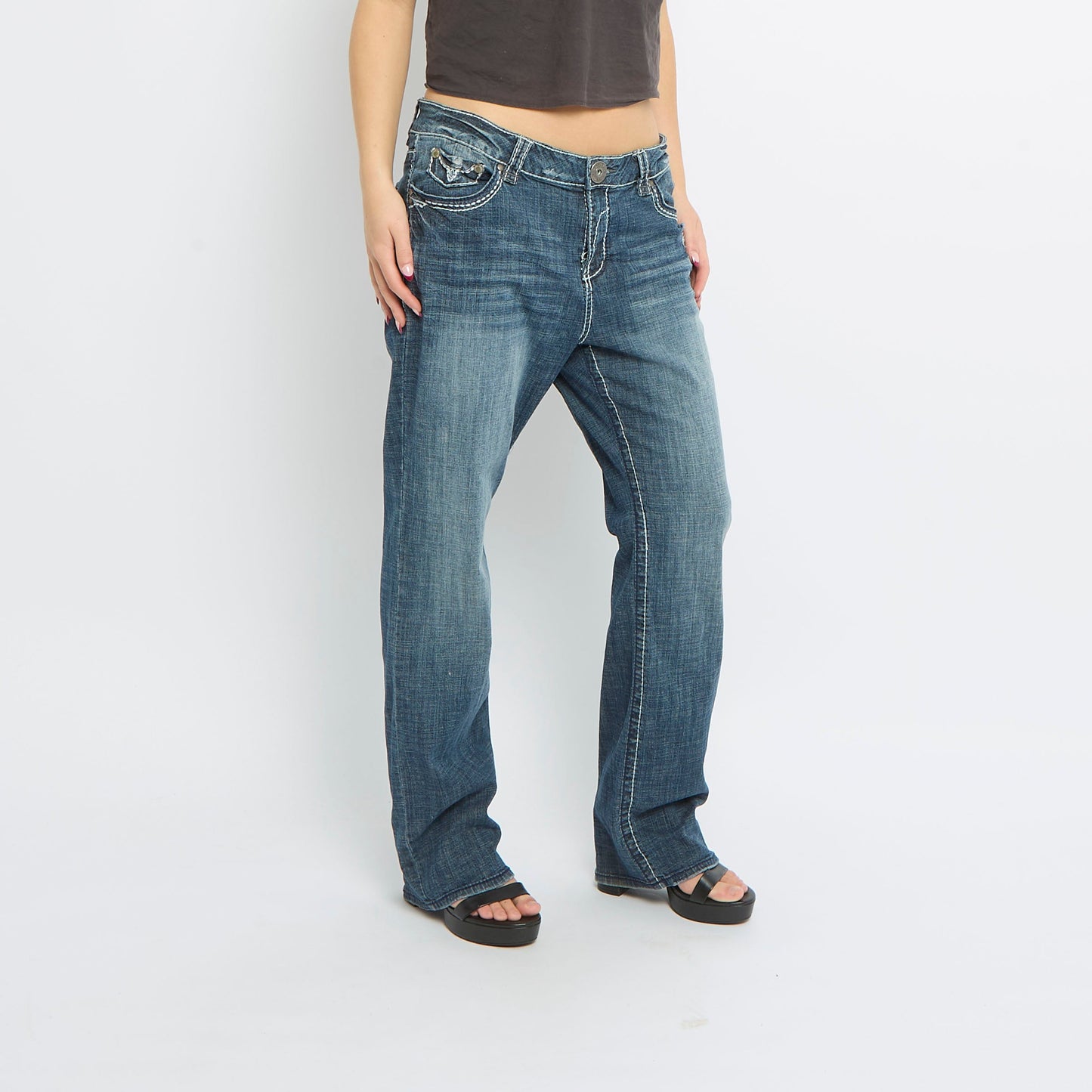 Contrast Stitch Straight Leg Jeans - UK 14