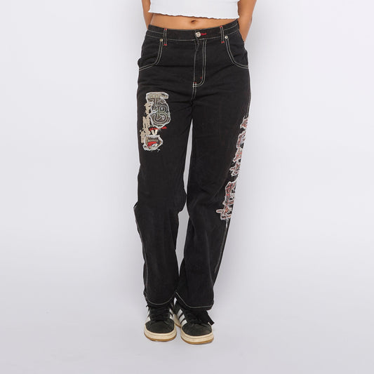 Embroided Fray Detail Straight Leg Jeans - UK 8