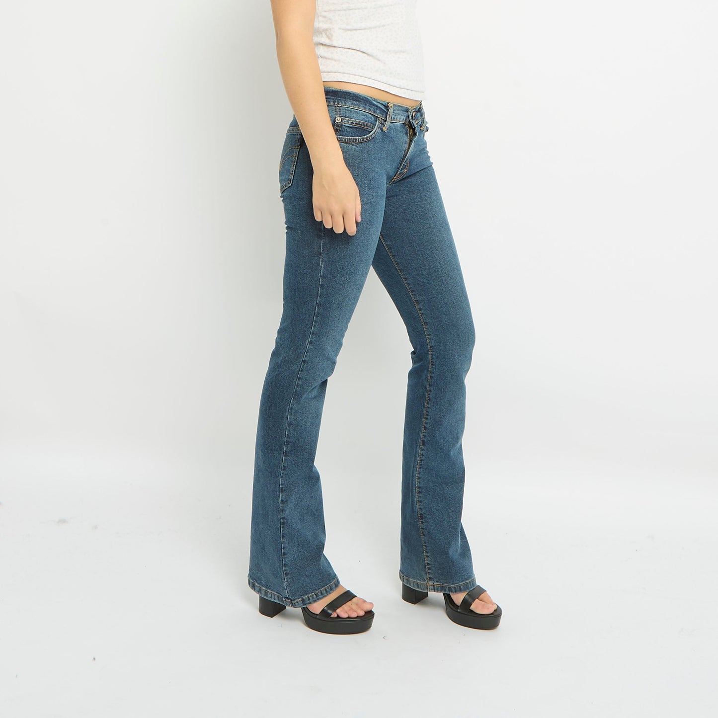 Low Waist Badge Detail Flare Leg Jeans-UK 8