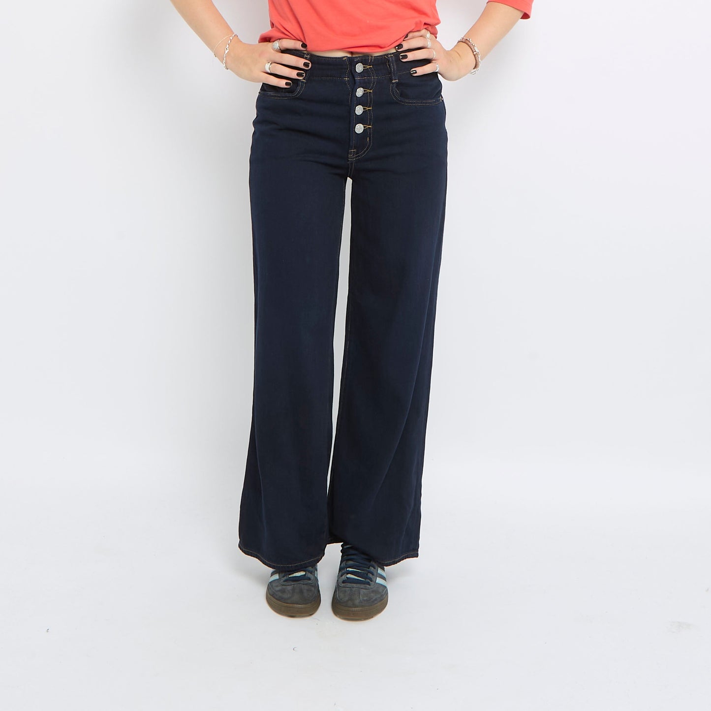 High Waisted Button Up Wide Leg Jeans - UK 8