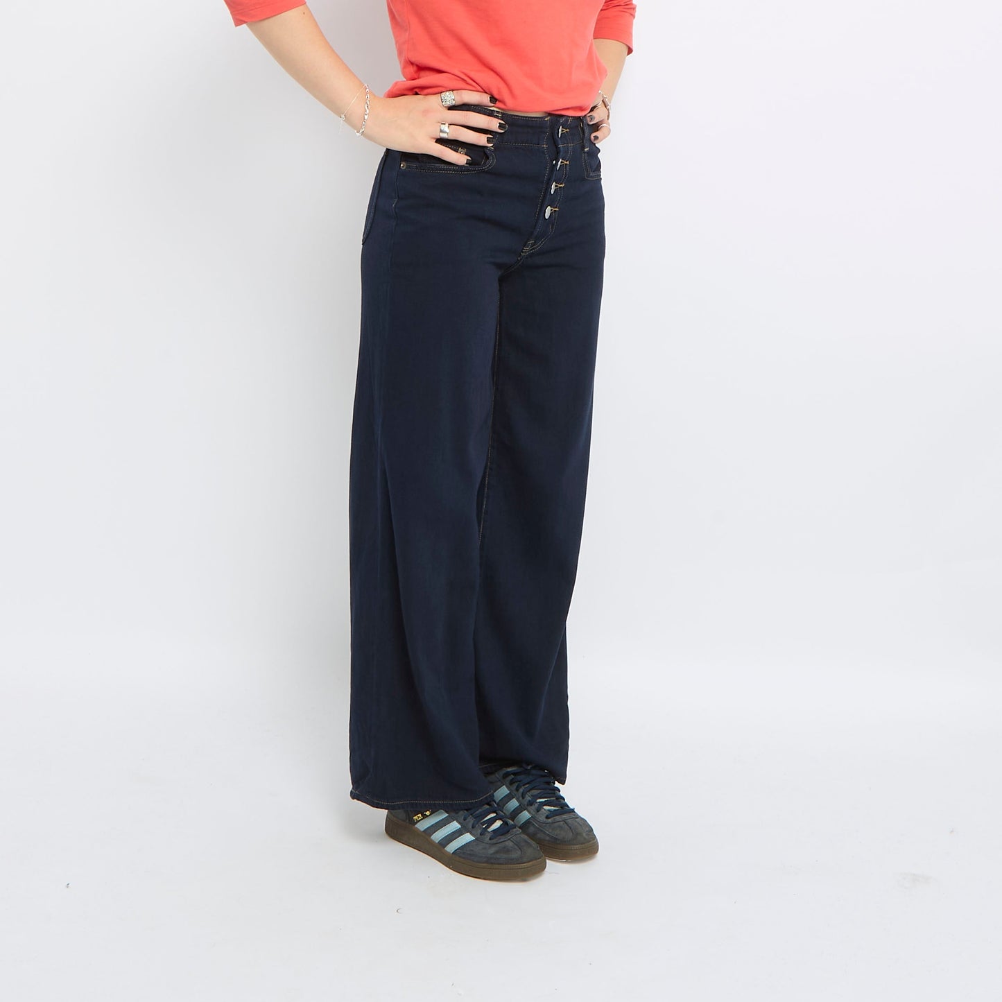 High Waisted Button Up Wide Leg Jeans - UK 8