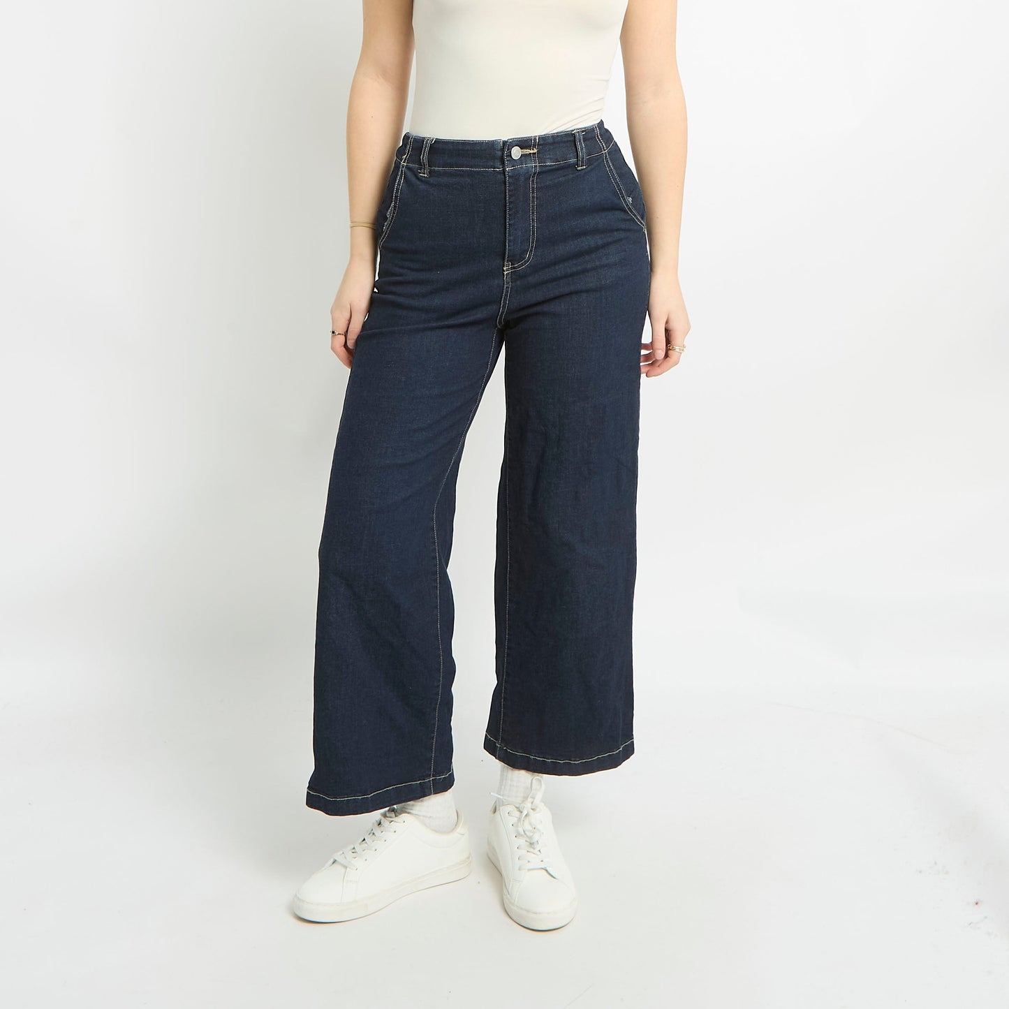 High Waisted Contrast Stitch Wide Leg Jeans - UK 8