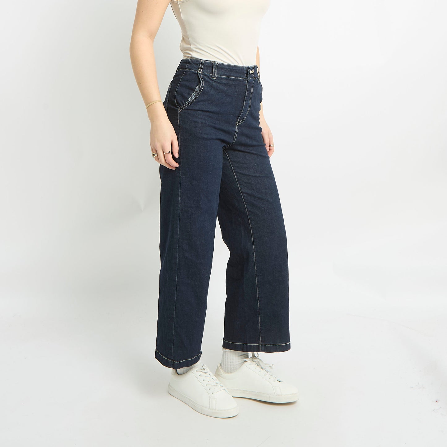 High Waisted Contrast Stitch Wide Leg Jeans - UK 8