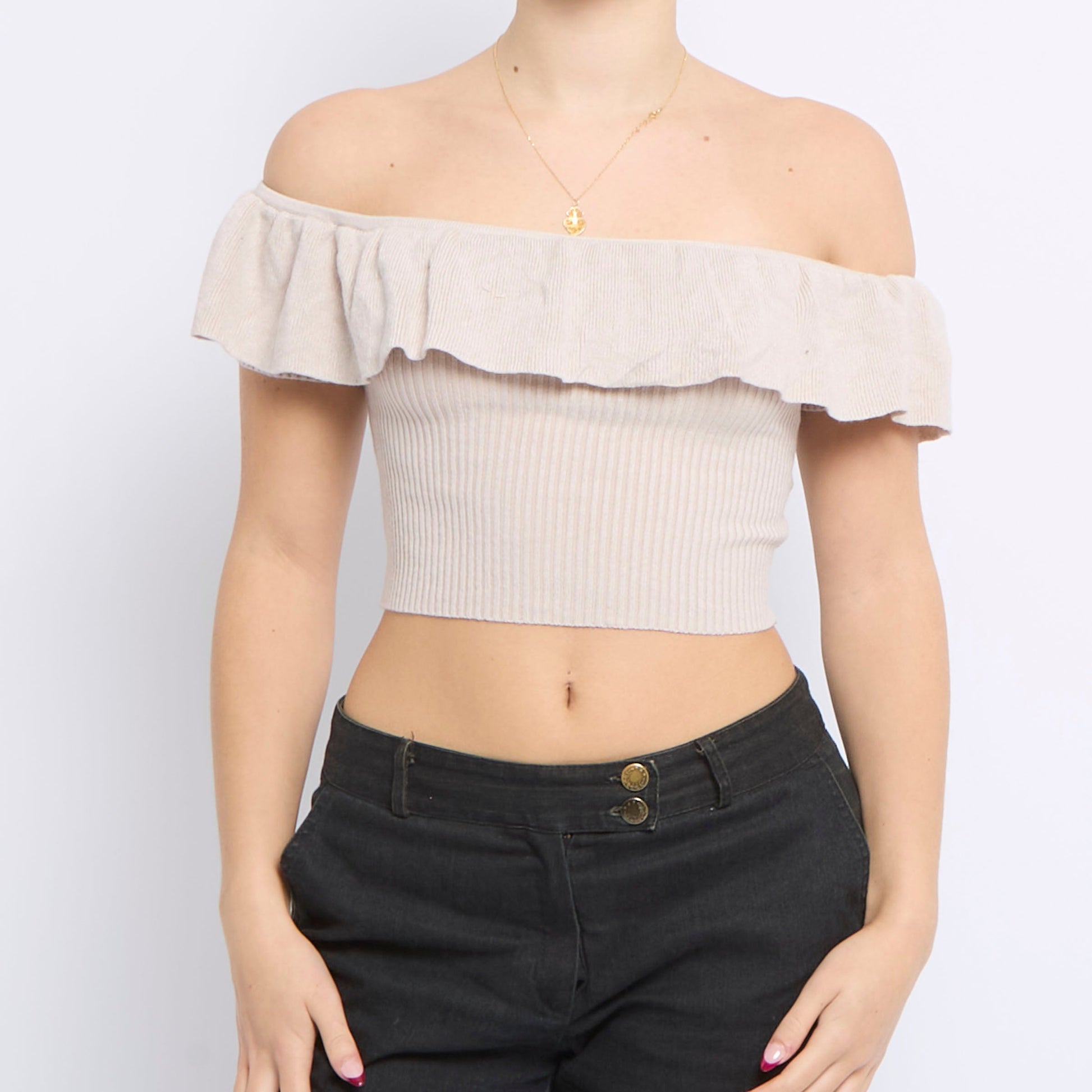 Ribbed Frill Detail Sleeveless Top - UK 10