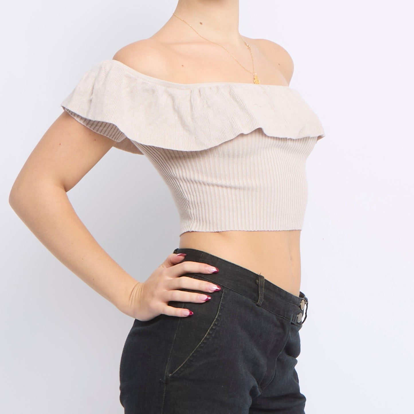 Ribbed Frill Detail Sleeveless Top - UK 10