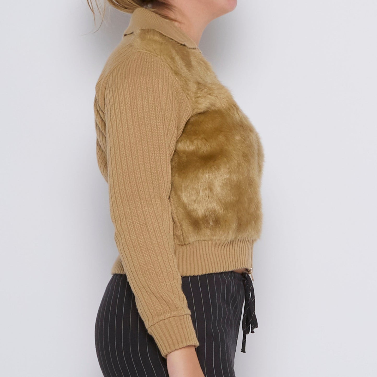 Faux Fur Front Zip-Up Sweater with Ribbed Sleeves - UK 10