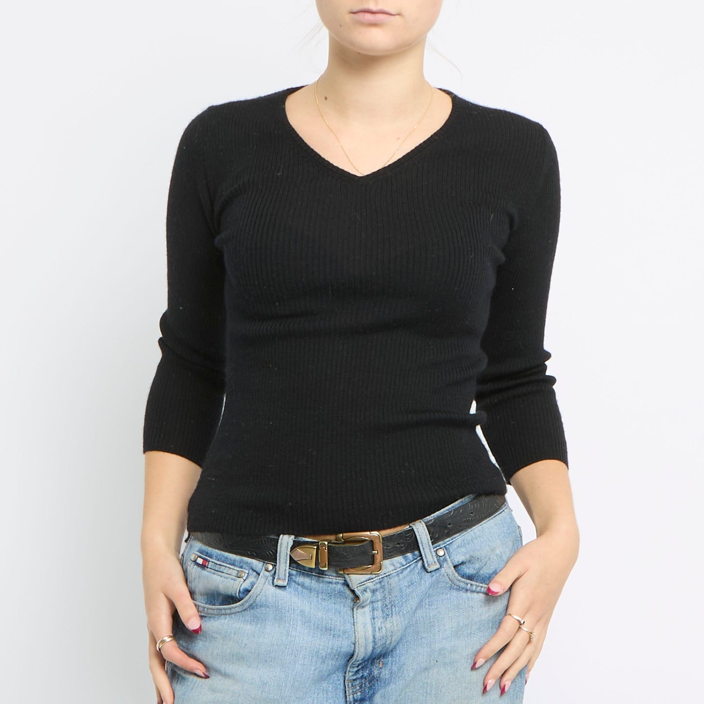 Ribbed V-Neck Knitted Top - UK 10