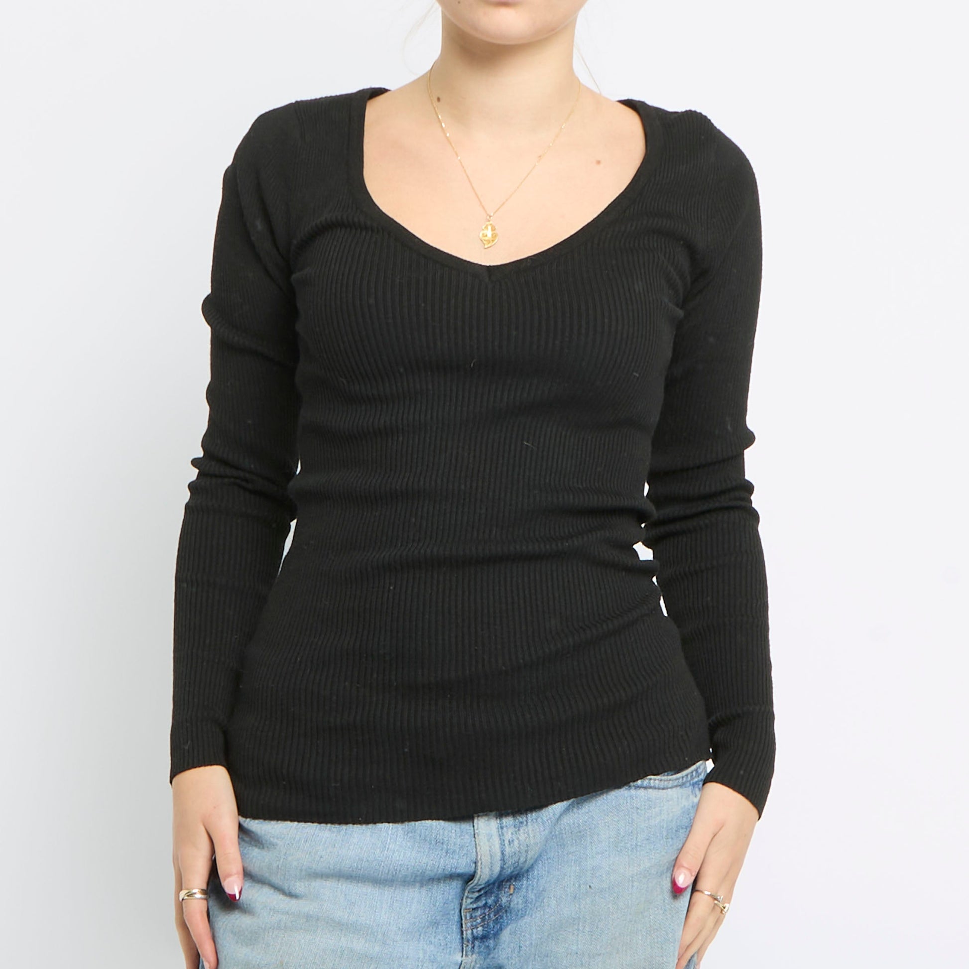 Ribbed V-Neck Knitted Top - UK 10