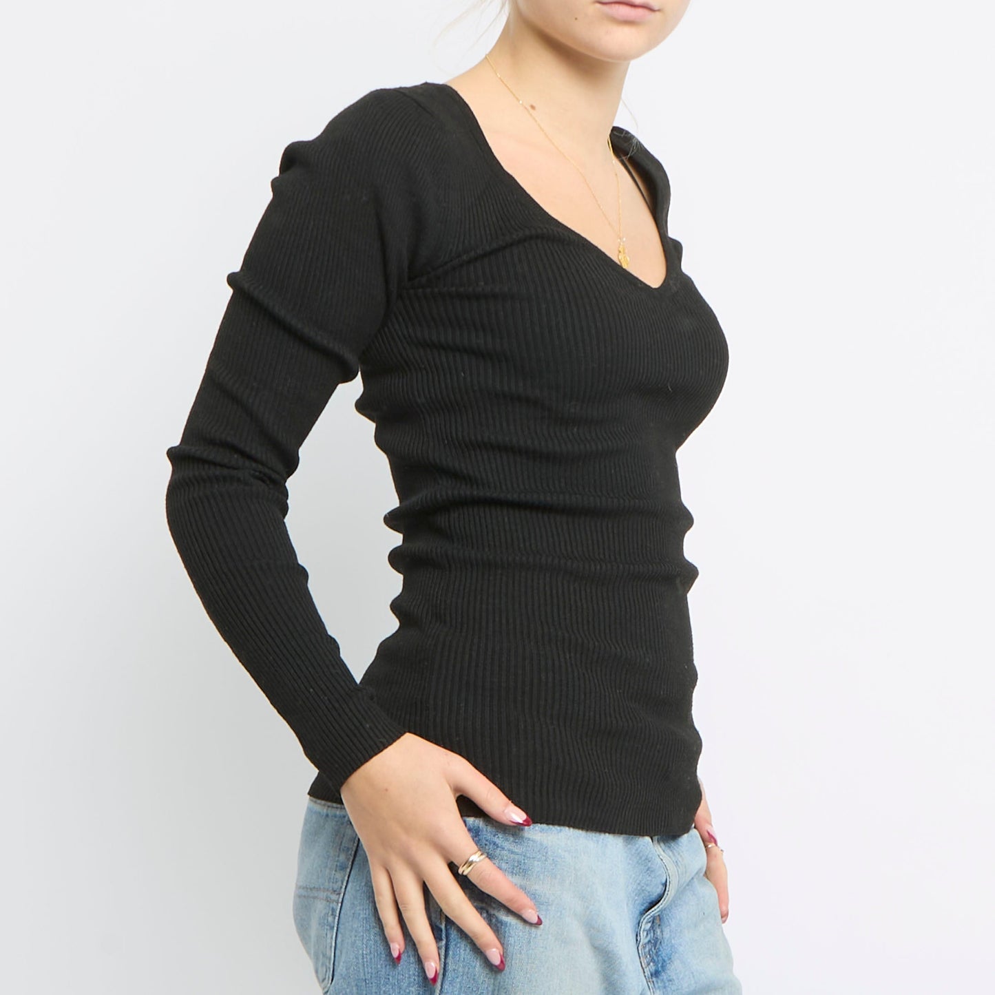 Ribbed V-Neck Knitted Top - UK 10