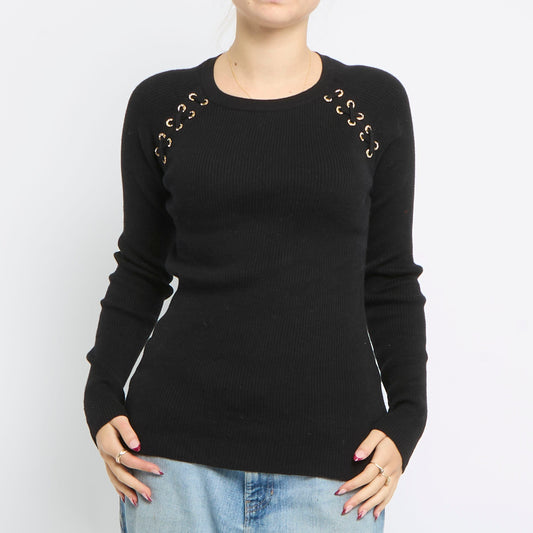 Lace Shoulder Ribbed Knitted Top - UK 10