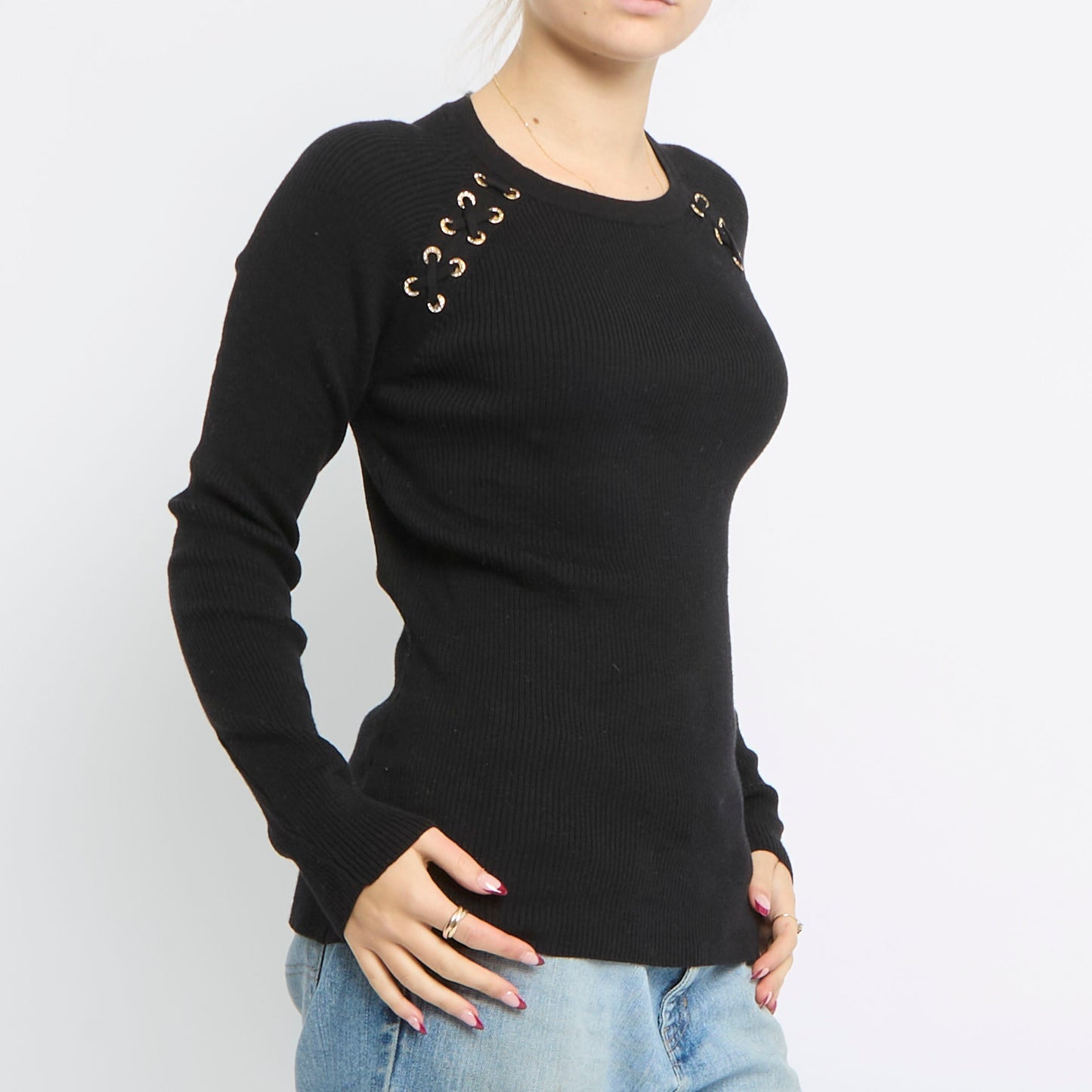 Lace Shoulder Ribbed Knitted Top - UK 10