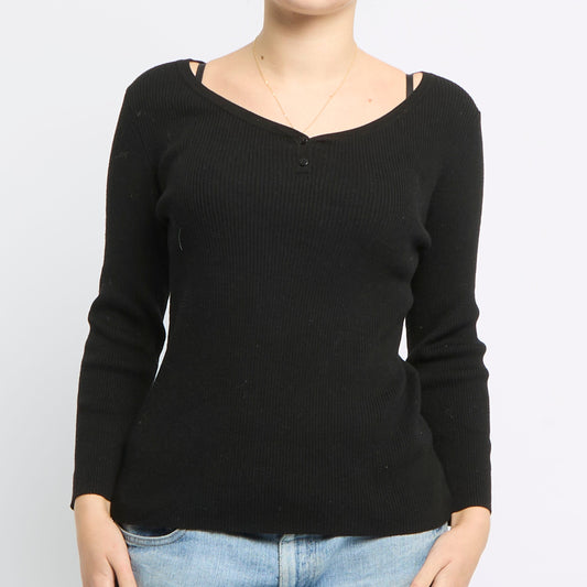 V-Neck Knitted Button Detail Top - UK 10