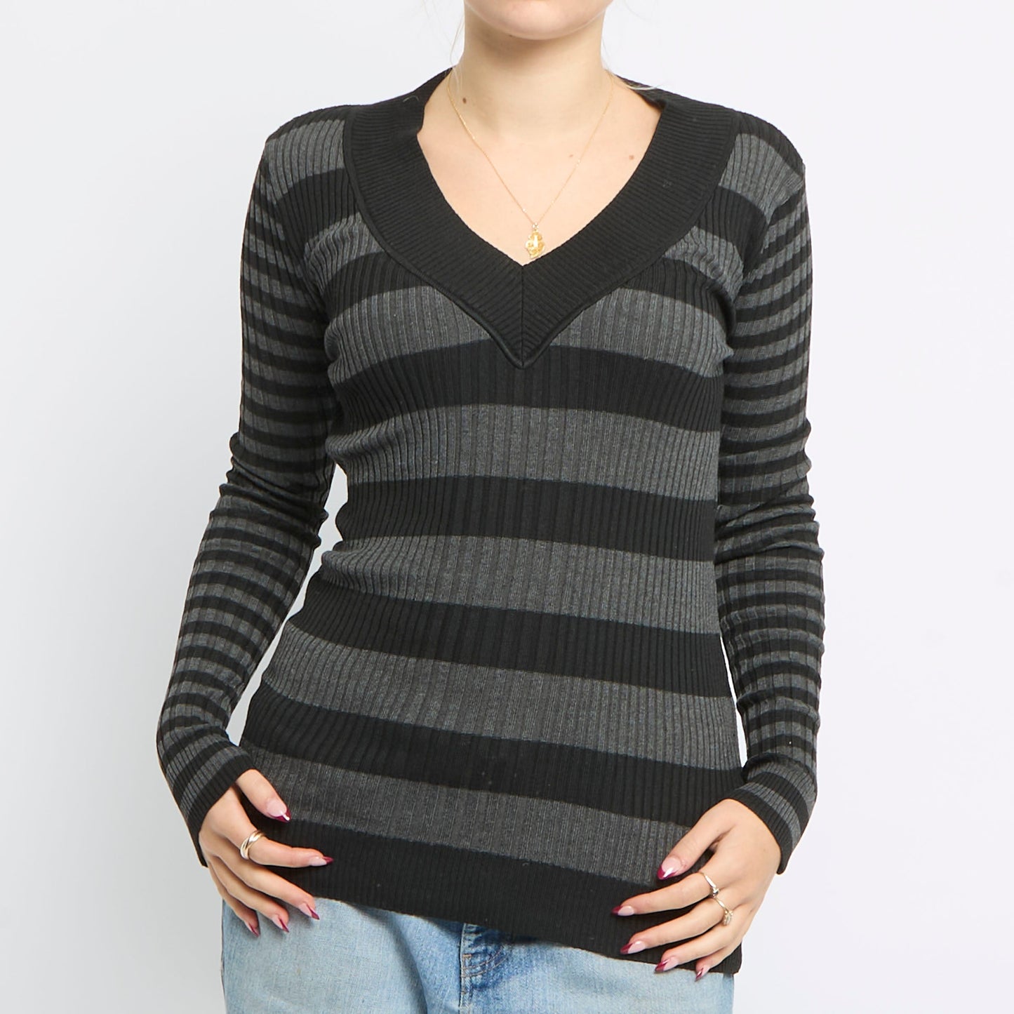 Stripe V-Neck Knitted Top - UK 10