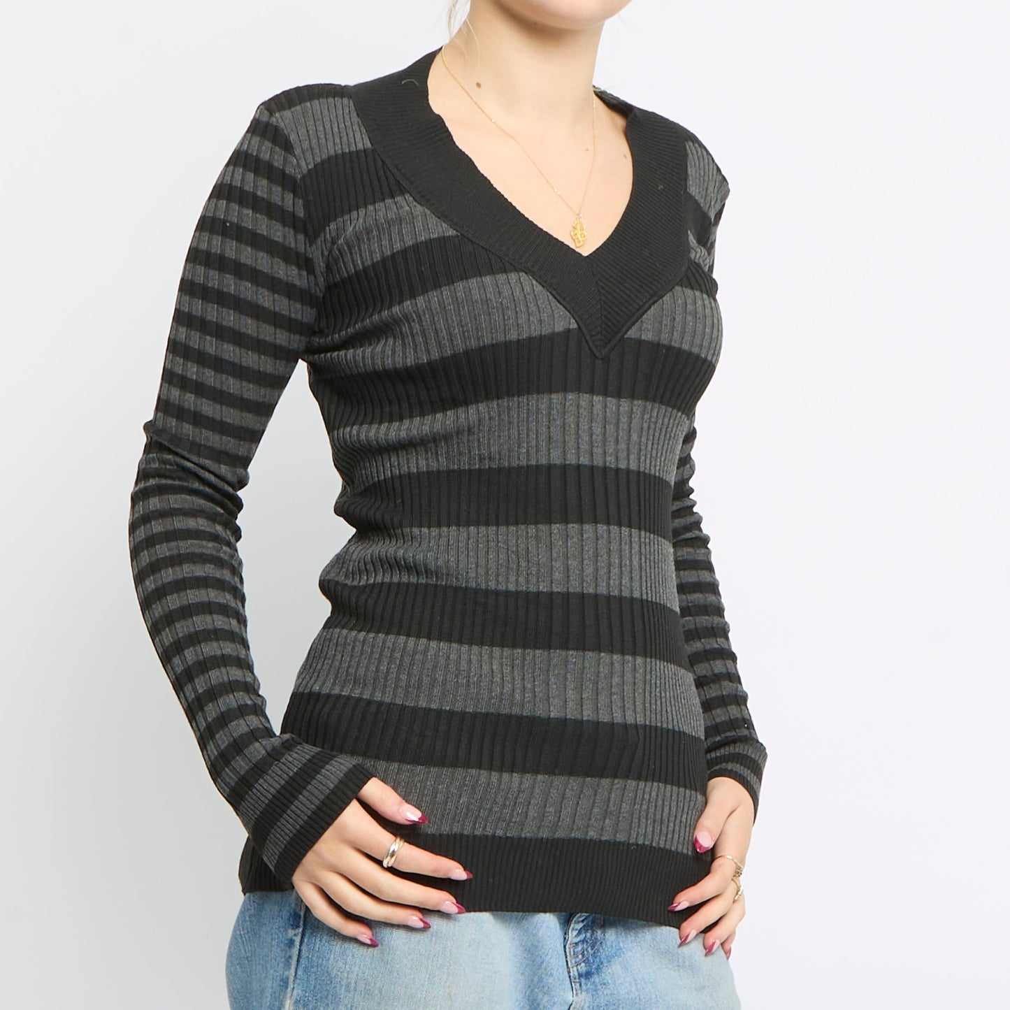 Stripe V-Neck Knitted Top - UK 10