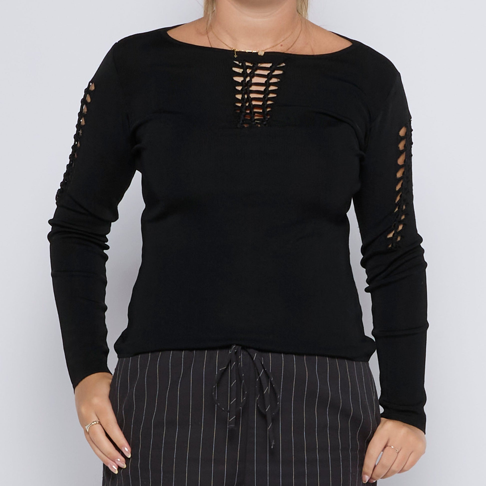 Ribbed Open Ladder Detail Neck & Sleeve Top - UK 10