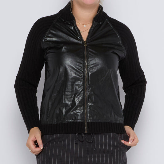 Ribbed Fake Leather Panelled Full Zip Jumper - UK 10