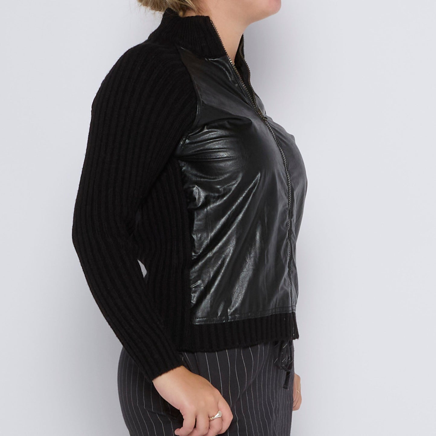 Ribbed Fake Leather Panelled Full Zip Jumper - UK 10