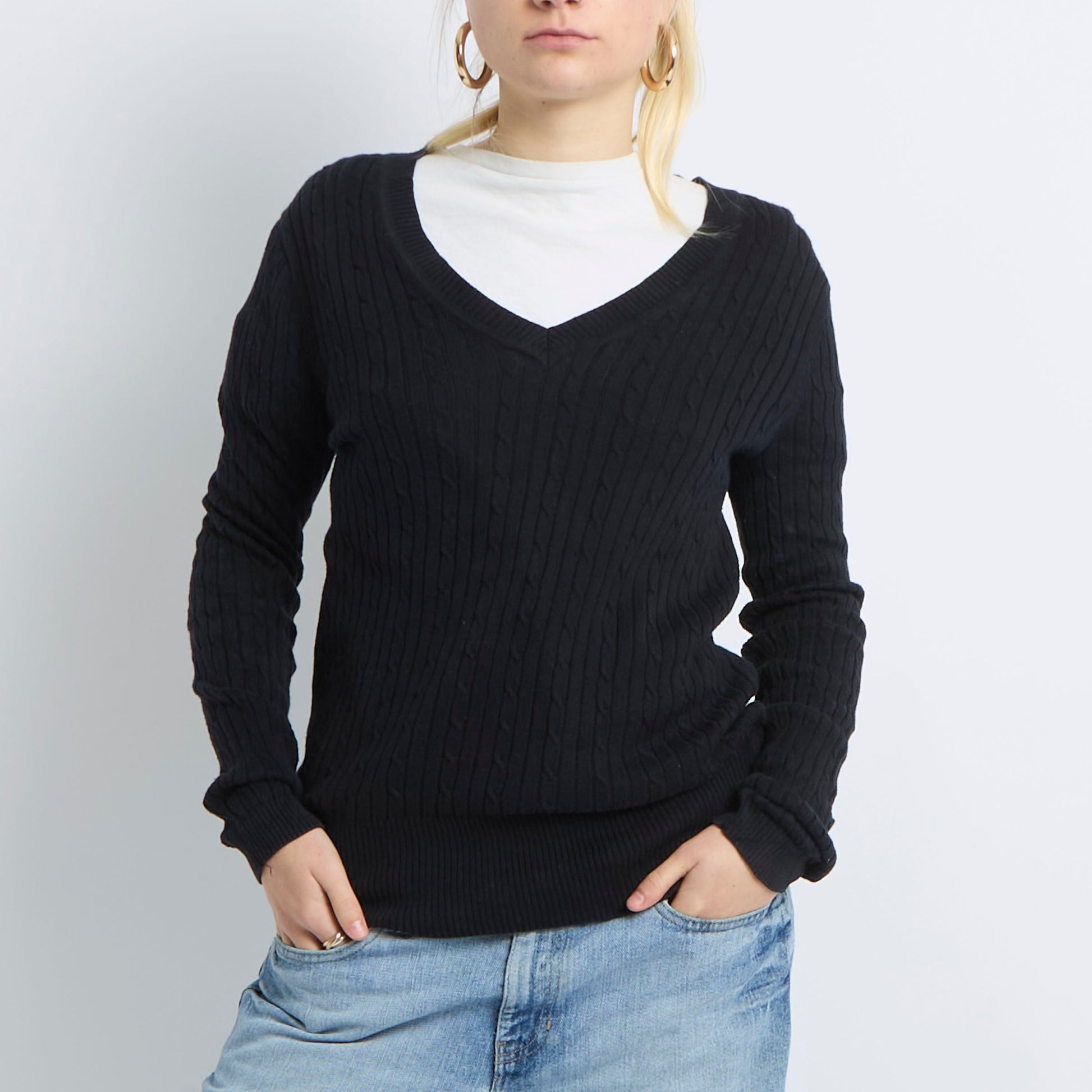 Tommy Hilfiger V-Neck Cable Knit Jumper - UK 10