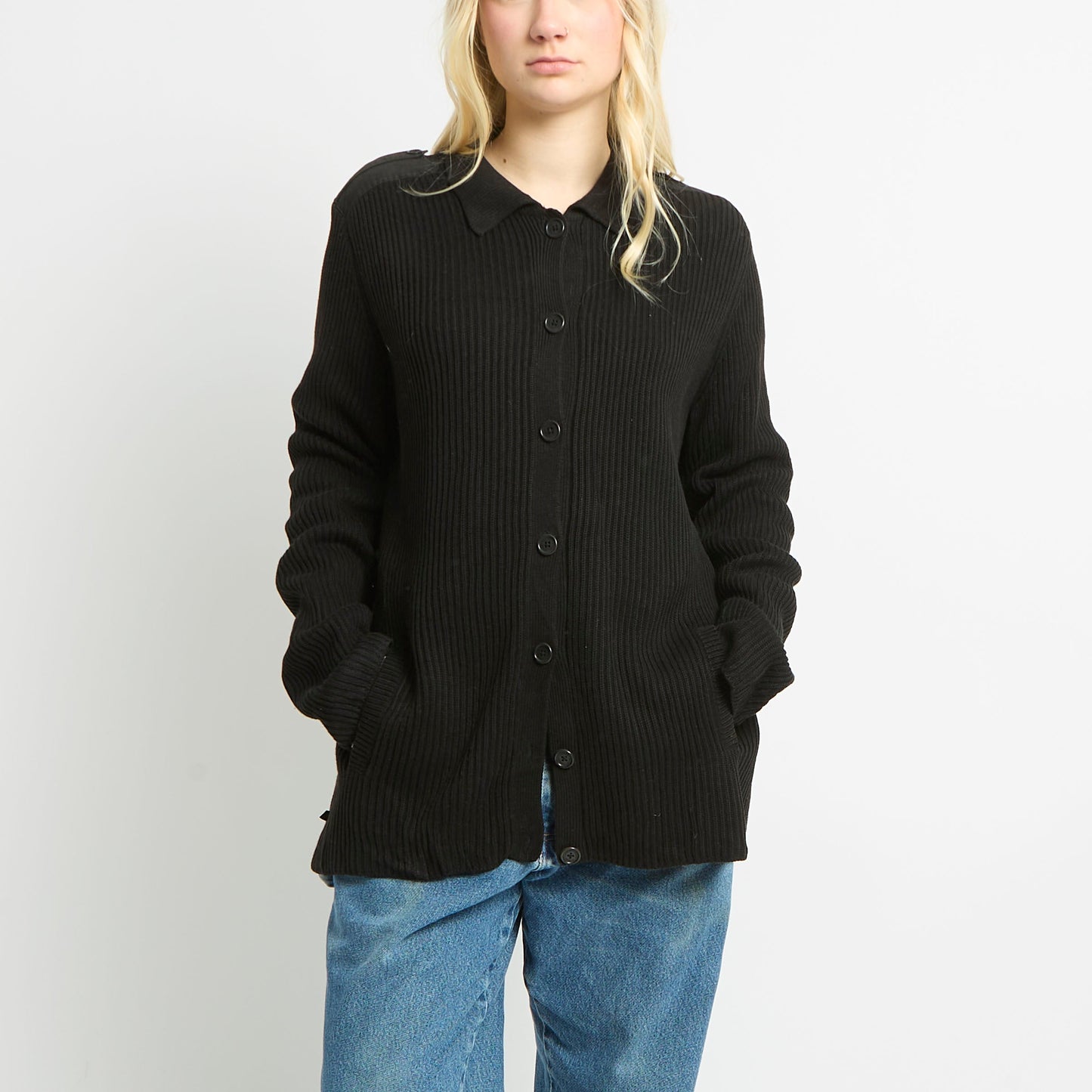 Ralph Lauren Ribbed Cardigan With-Canvas Detailing On Shoulder - UK 10