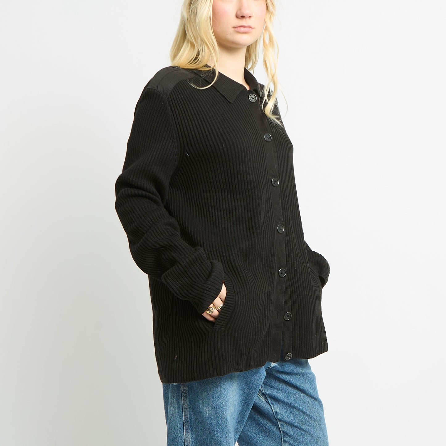 Ralph Lauren Ribbed Cardigan With-Canvas Detailing On Shoulder - UK 10