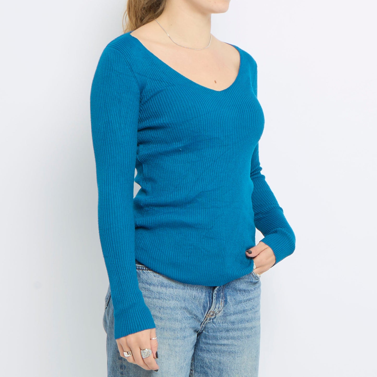 Ribbed V-Neck Knitted Top - UK 10