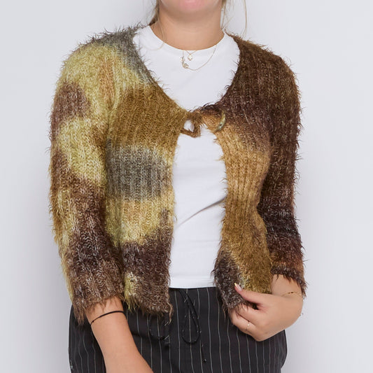 Fluffy Knit Cardigan With Front Tie Closure- UK 10