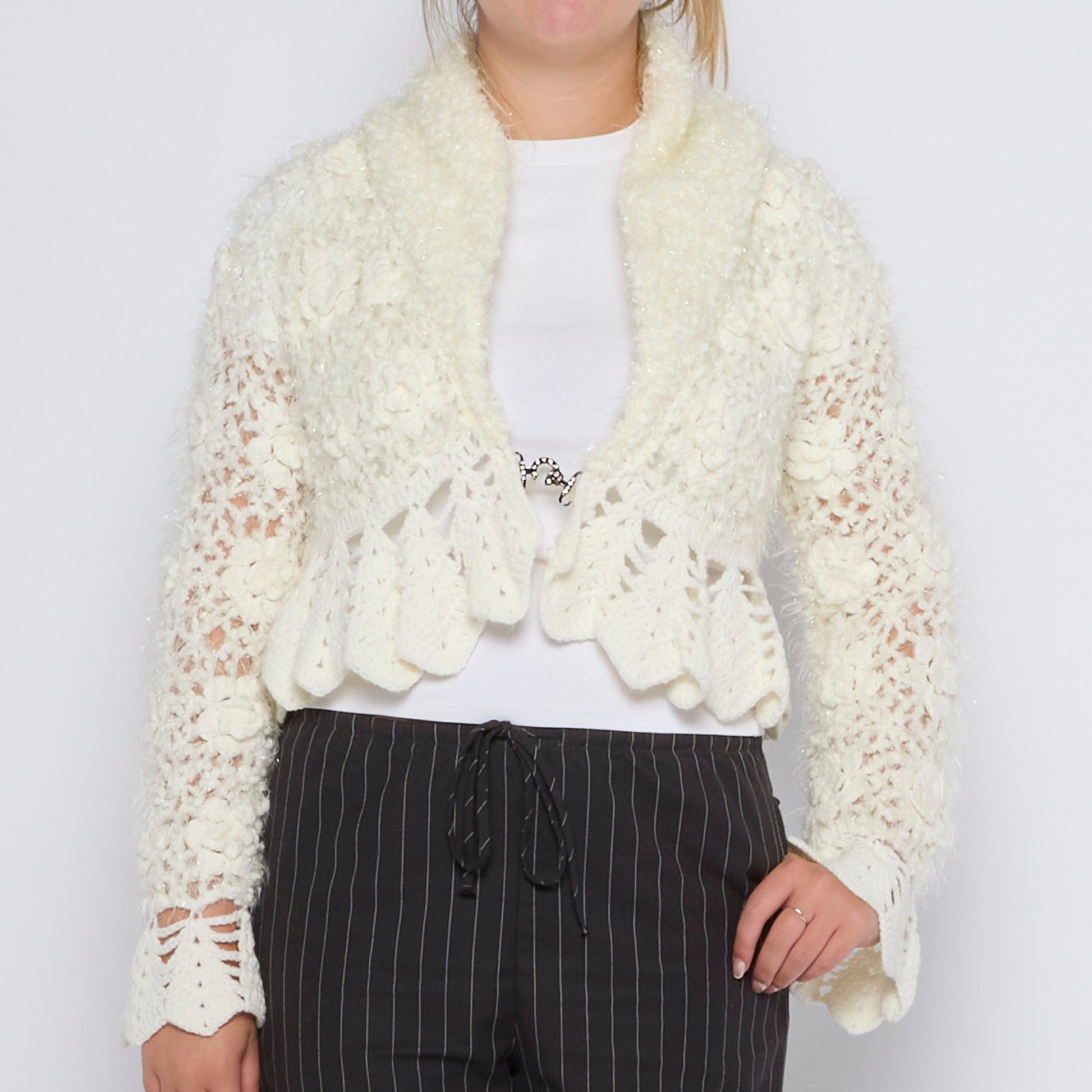 Crochet Lace Cardigan With Scalloped Hem - UK 10