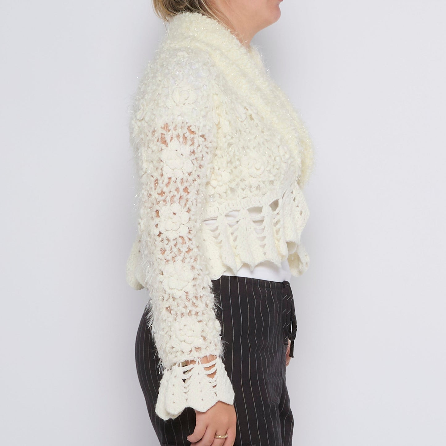 Crochet Lace Cardigan with Scalloped Hem - UK 10