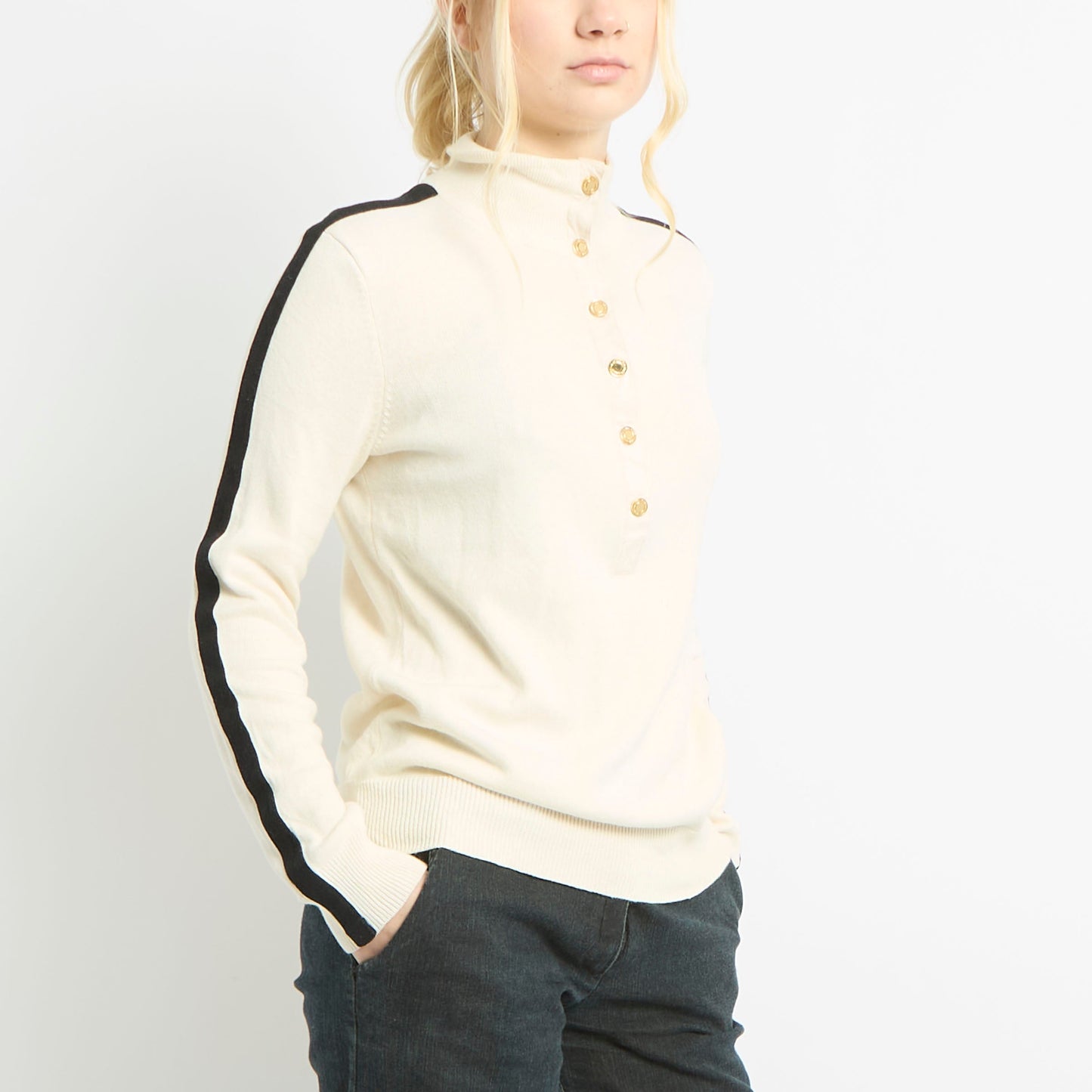 Ralph Lauren Button Closure Jumper With Contrasting Arm Stripe - UK 10