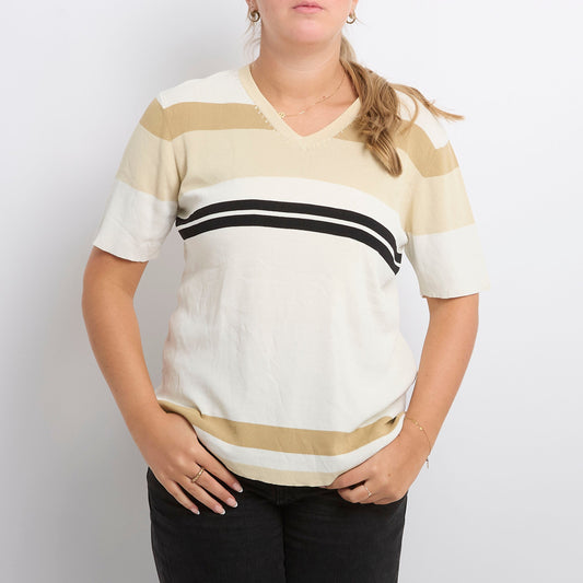 Fine Knit V-Neck Striped Top - UK 10