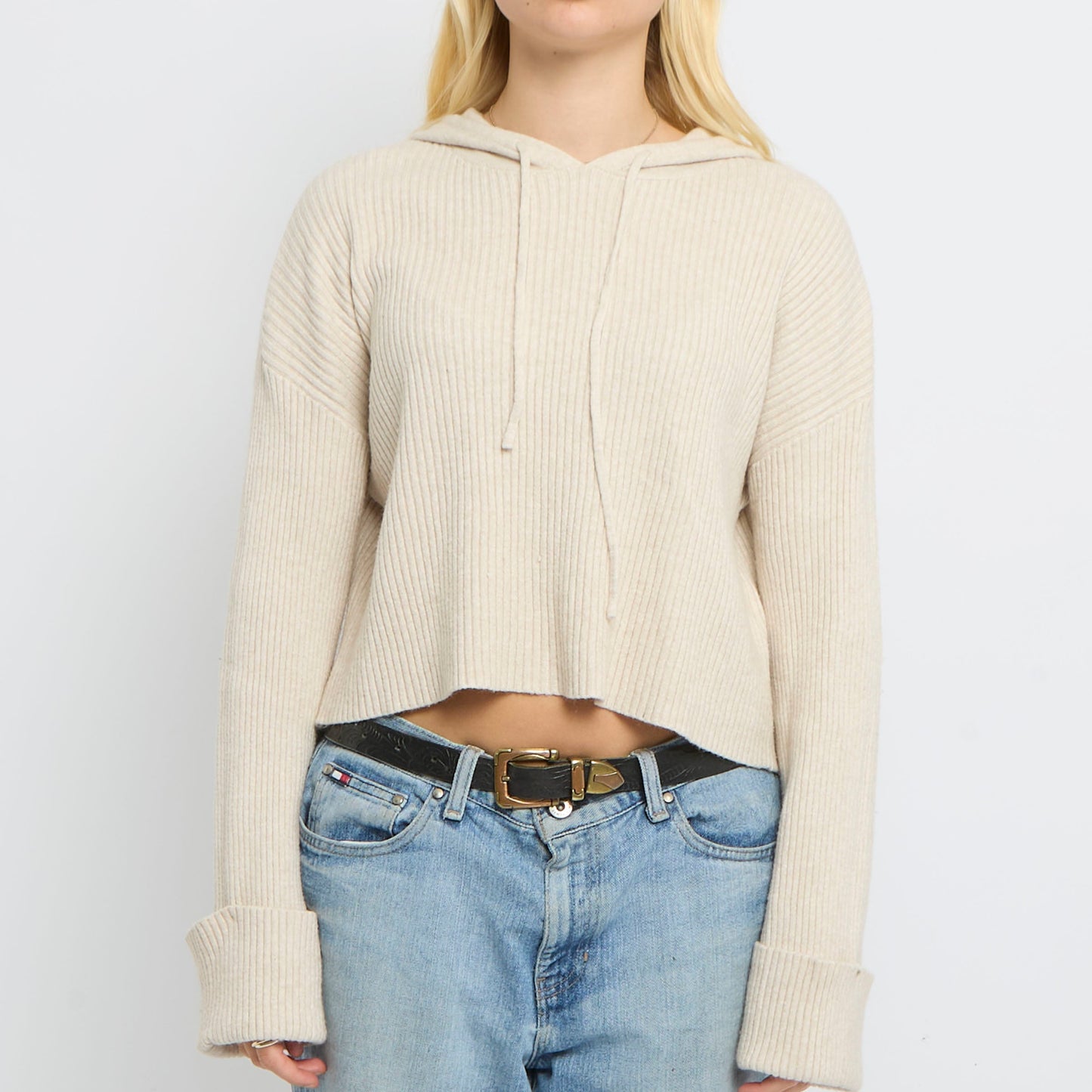 Ribbed Soft Knit Hooded Cropped Jumper- UK 10