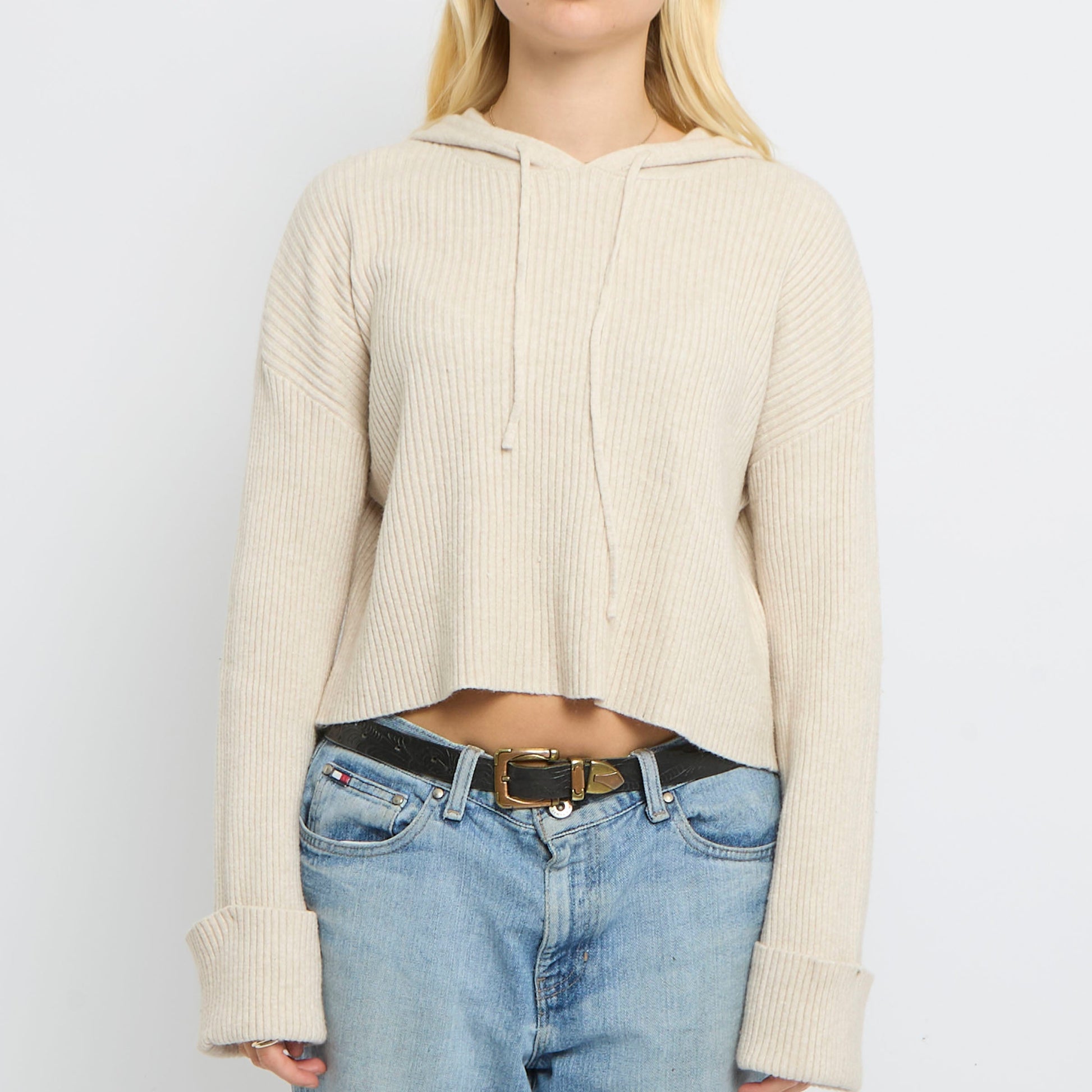 Ribbed Soft Knit Hooded Cropped Jumper- UK 10