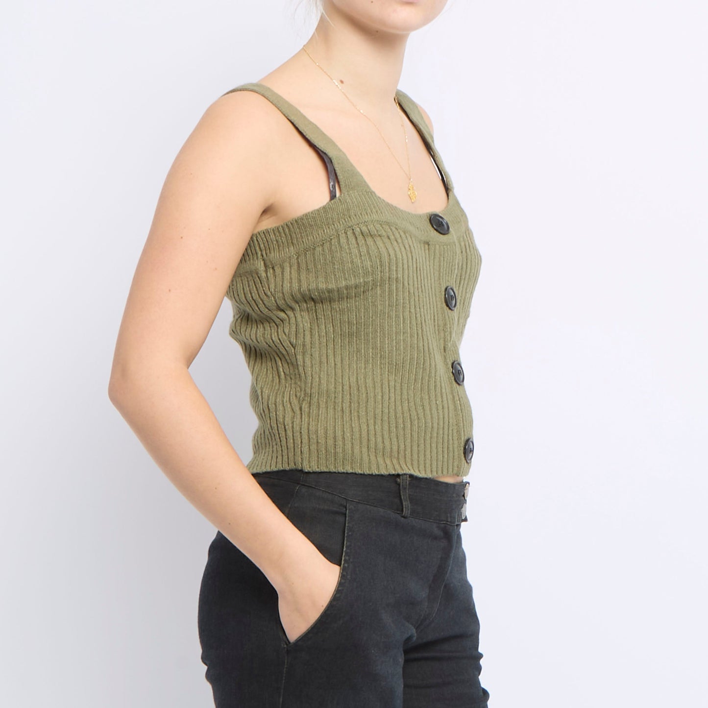 Ribbed Button. Detail Strappy Top - UK 10