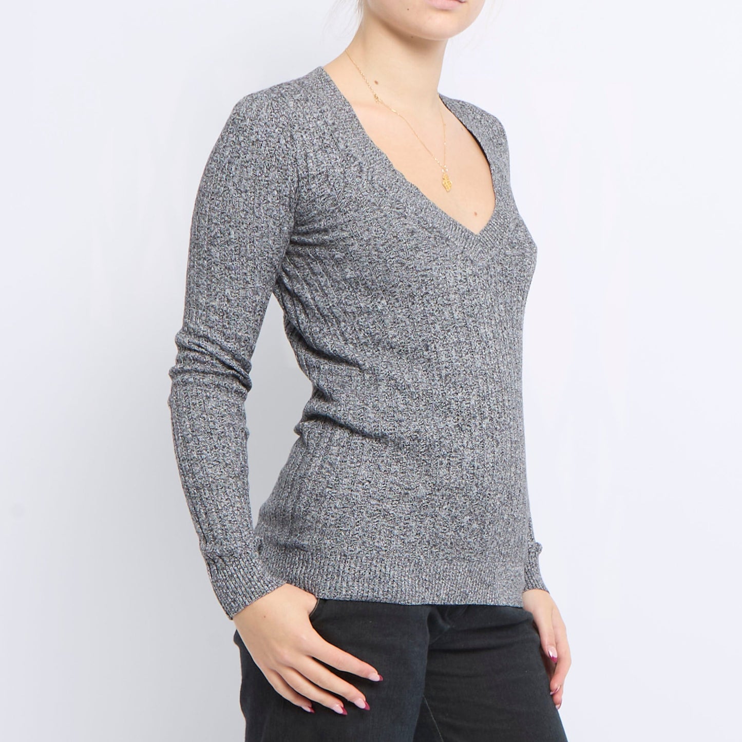 V-Neck Ribbed Knitted Sweater - UK 10