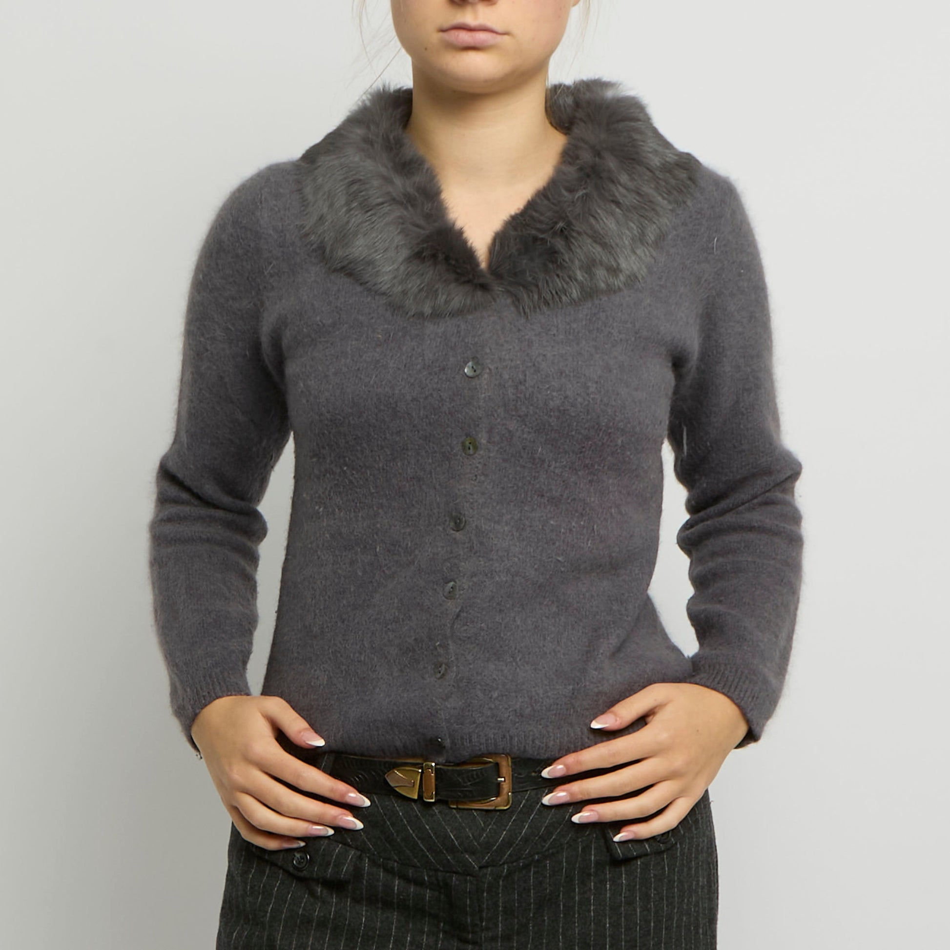 Soft Knit Fur Collar Cardigan - UK 10