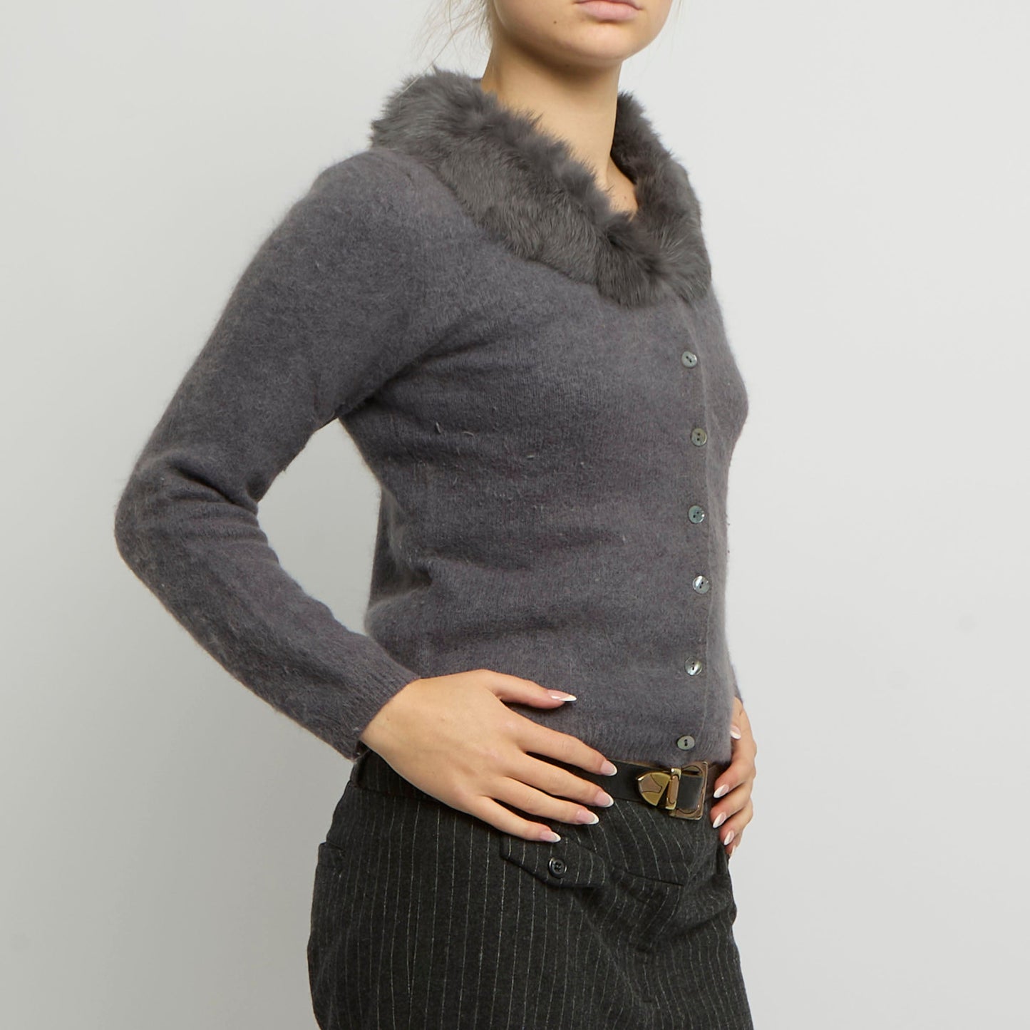 Soft Knit Fur Collar Cardigan - UK 10