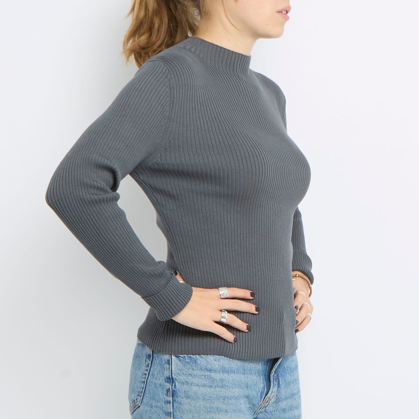 Ribbed Turtle Neck Long Sleeve Knitted Top - UK 10