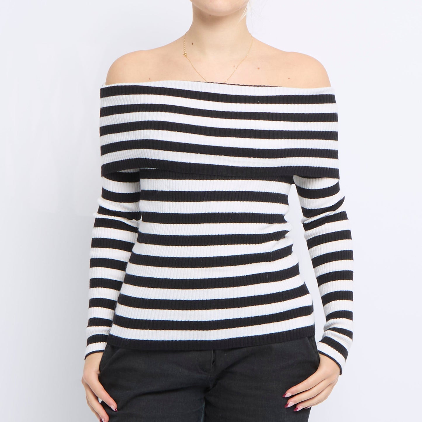 Ribbed Cowlneck Striped Sweater - UK 10