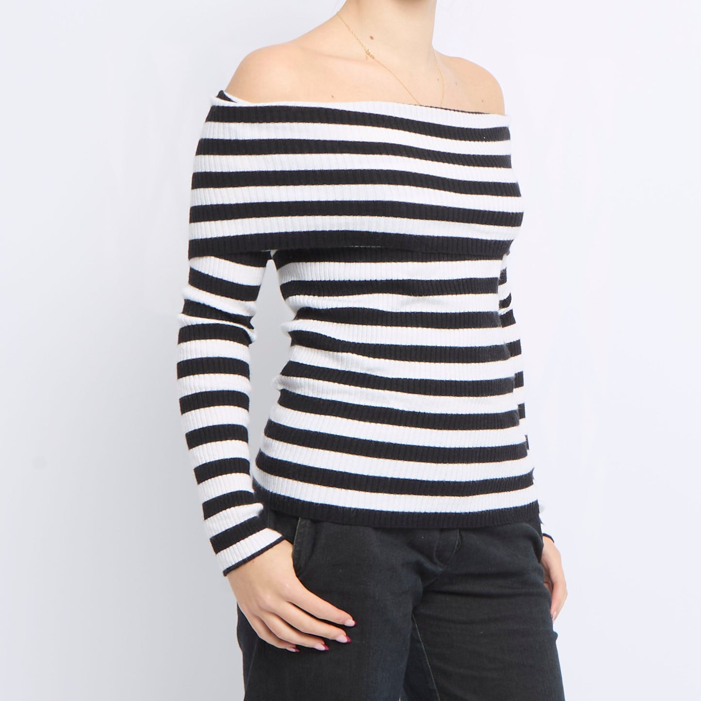 Ribbed Cowlneck Striped Sweater - UK 10