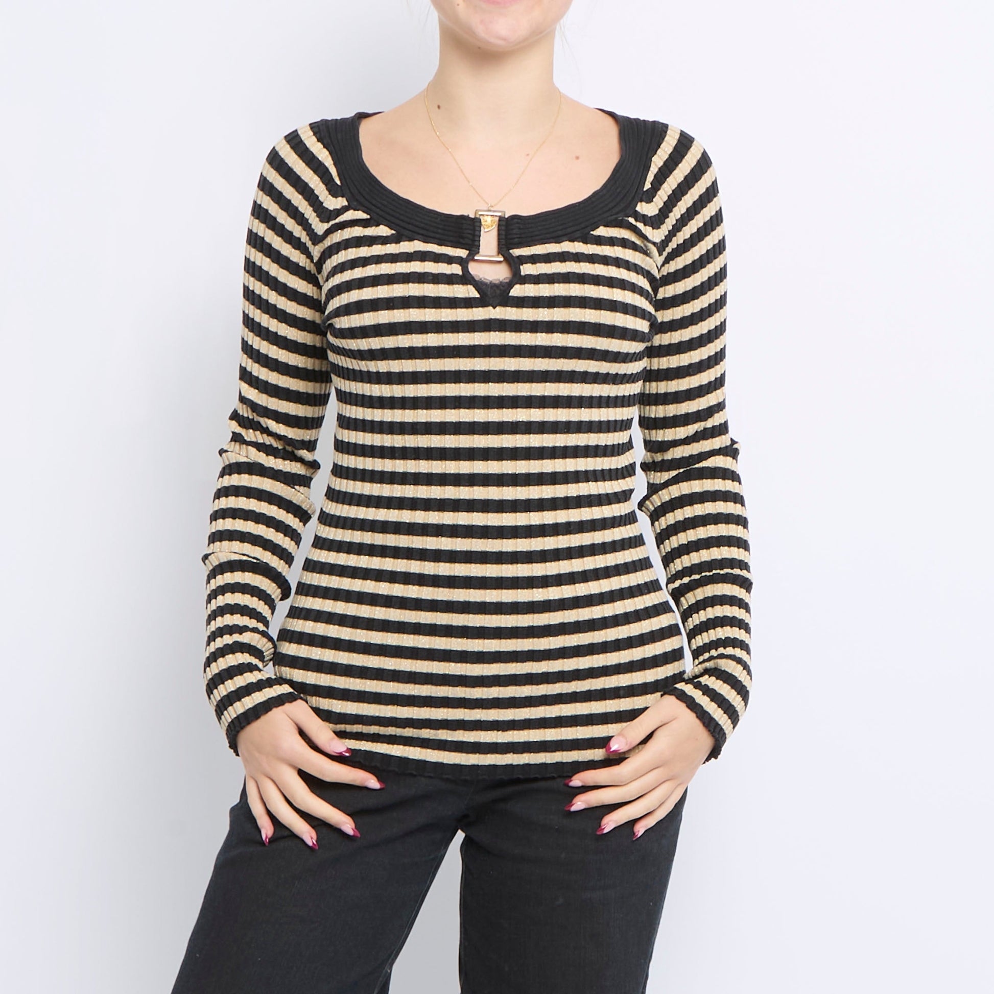 Neck Buckle Striped Ribbed Sweater - UK 10