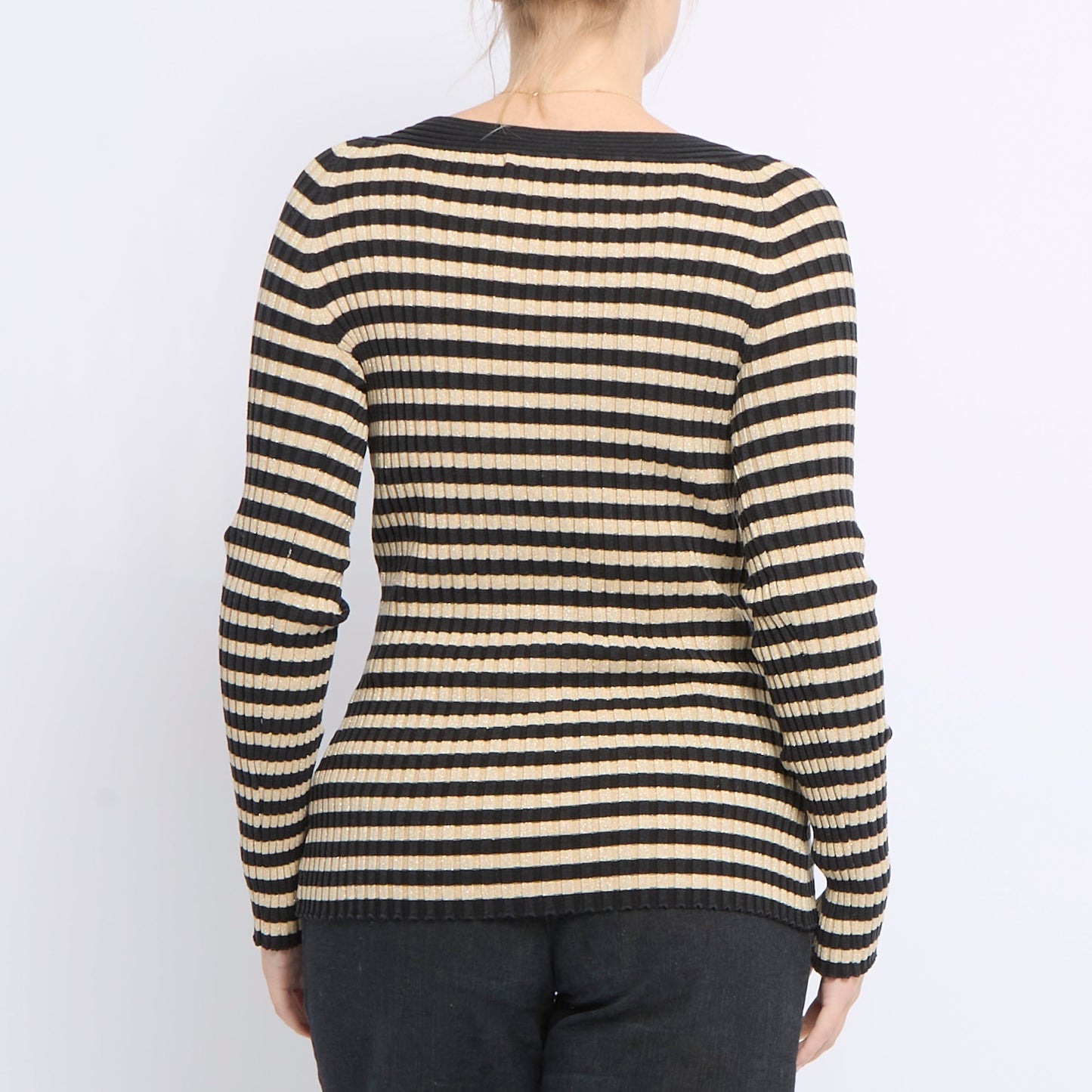 Neck Buckle Striped Ribbed Sweater - UK 10