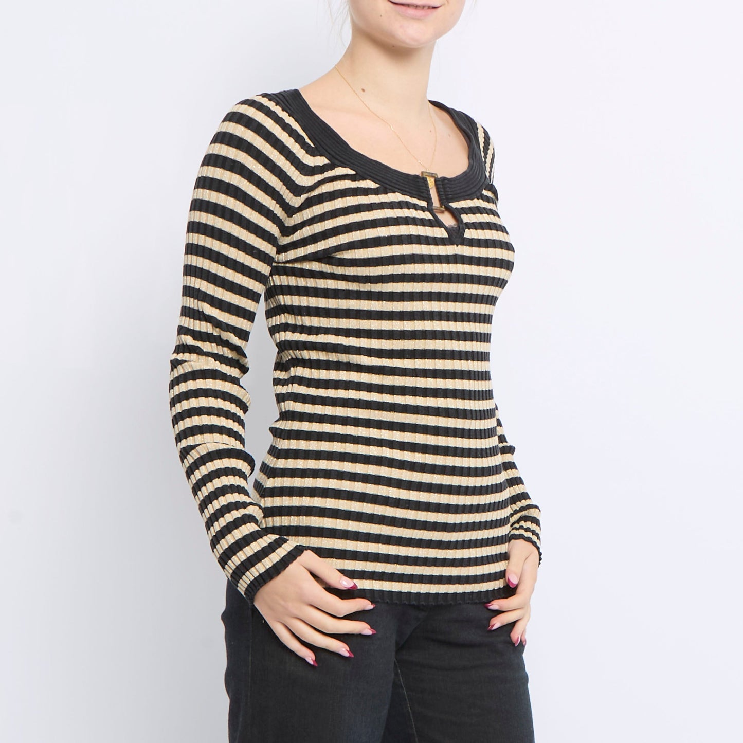 Neck Buckle Striped Ribbed Sweater - UK 10