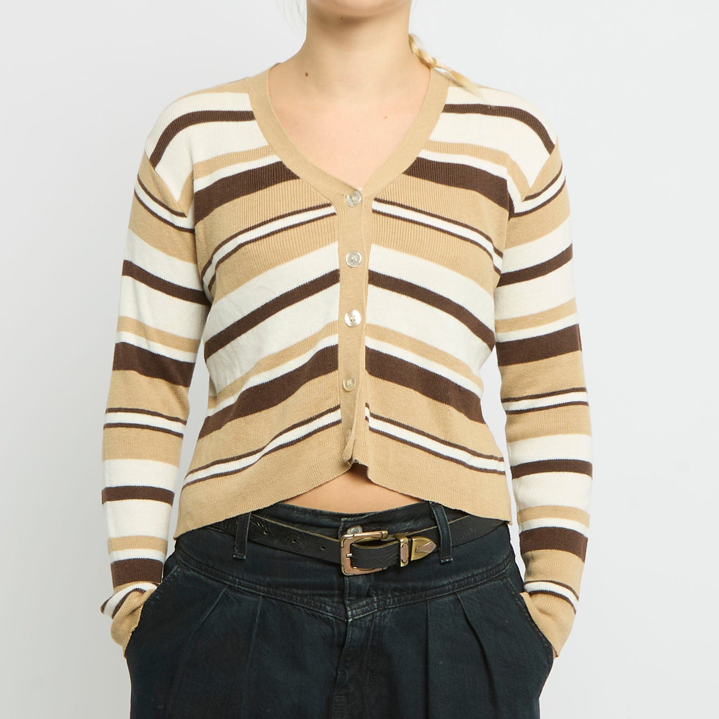 V-Neck Striped Fine Knit Cardigan - UK 10