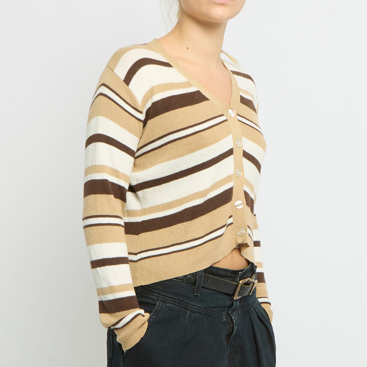 V-Neck Striped Fine Knit Cardigan - UK 10