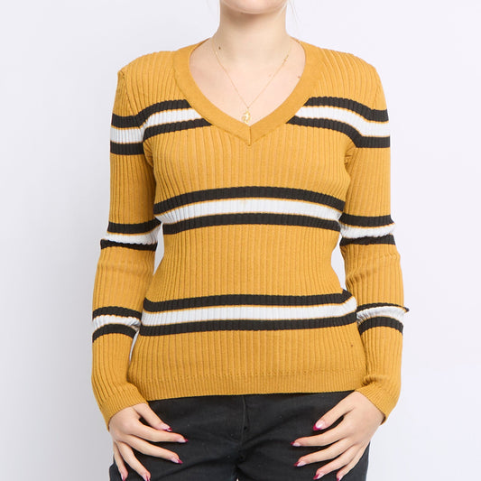 Striped V-Neck RIbbed Sweater - UK 10